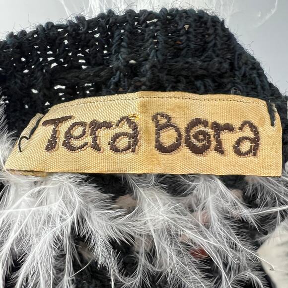 TERA BORA Black Long Sleeve Faux Fur Trim Open Knit Asymmetric Sweater Tunic 2 - Picture 6 of 7